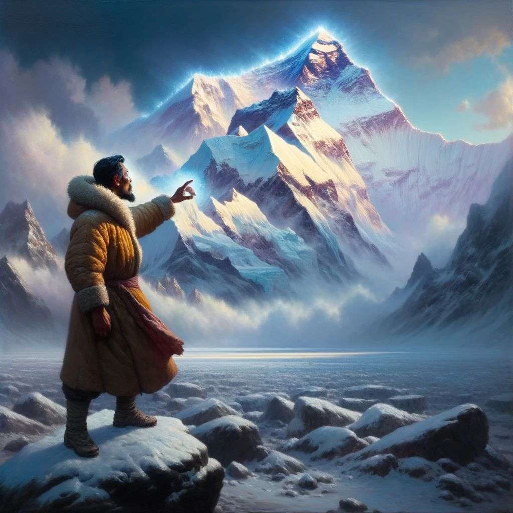 someone gazing at Mount Everest, a hologram projection